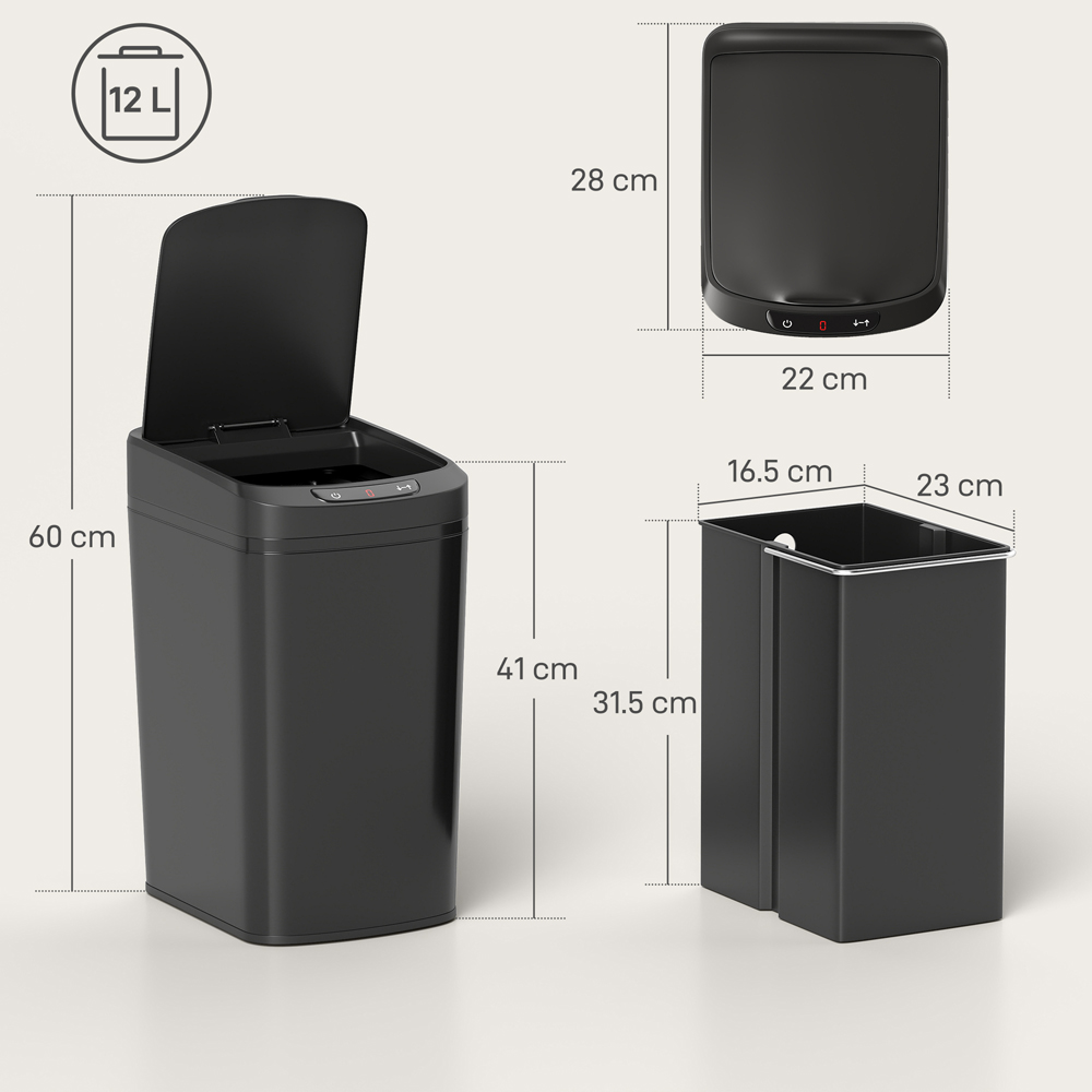 HOMCOM Black Automatic Kitchen Sensor Bin with Removable Inner Bucket 12L Image 9