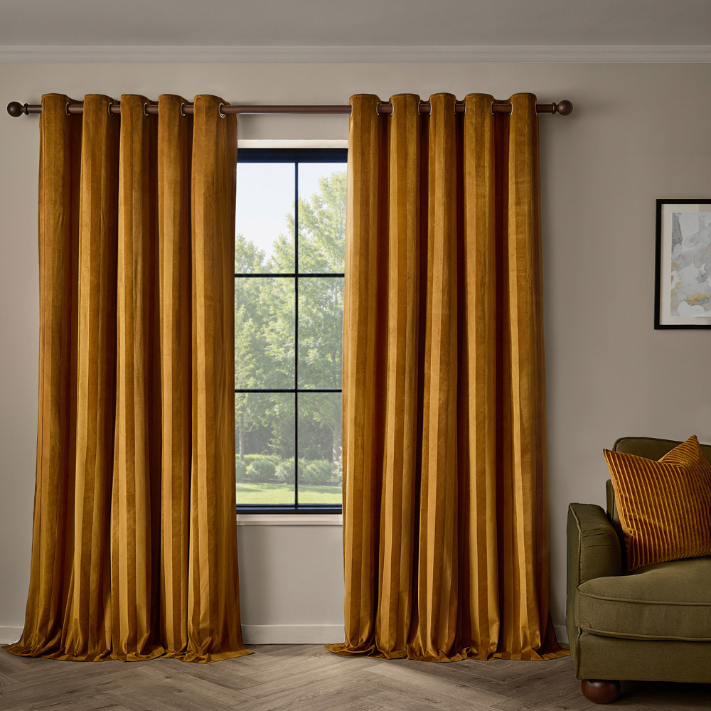 Paoletti Antique Gold Stripe Velvet Lined Eyelet Curtains 229 x 183cm Image 5