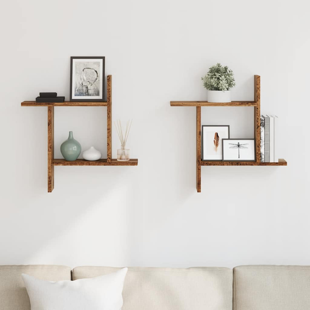 vidaXL 50cm Set of 2 Old Wood Floating Wall Shelf Image 2