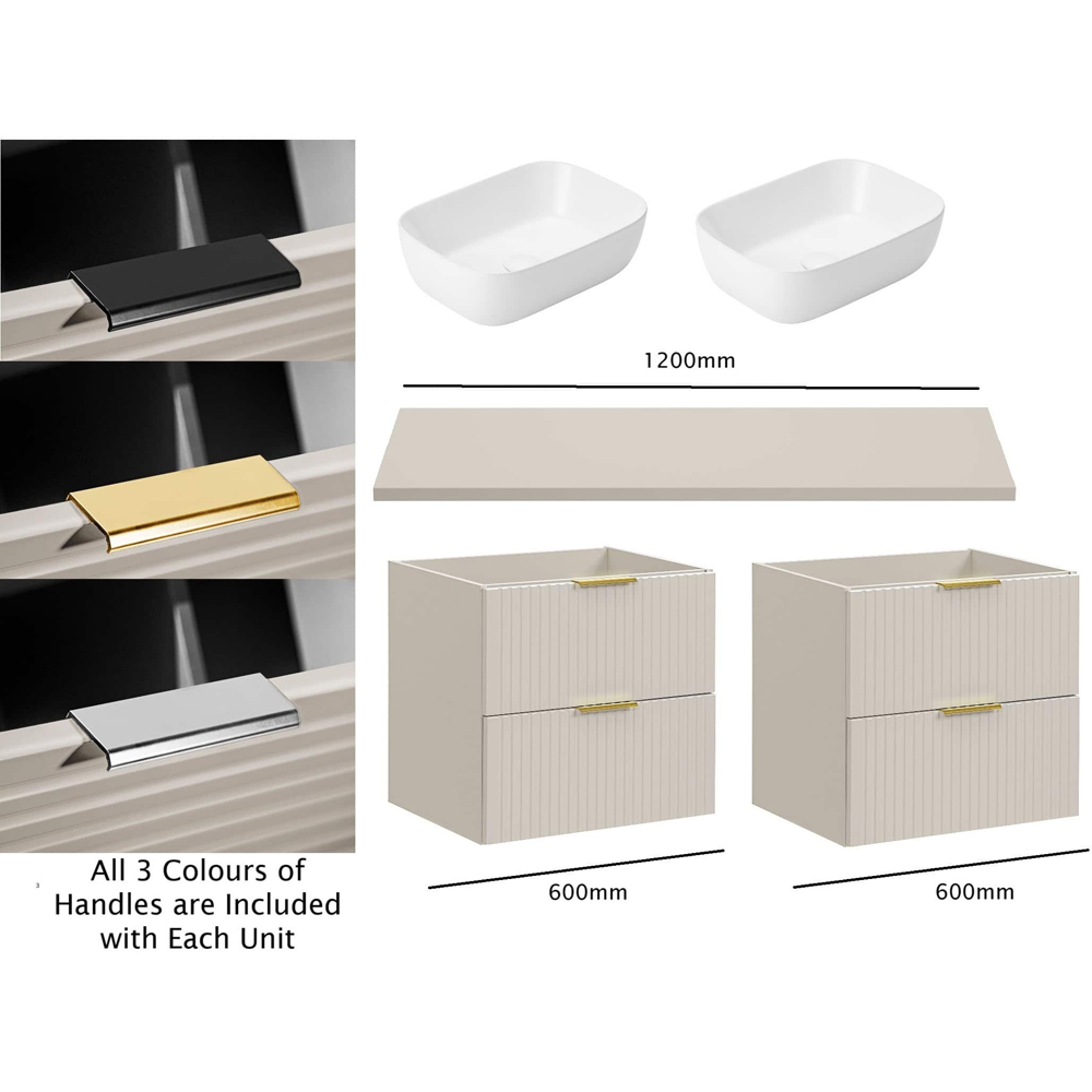 Impact Furniture Adel 4 Drawer Beige Fluted Wall Hung Double Vanity Unit with Basins 1200mm Image 2