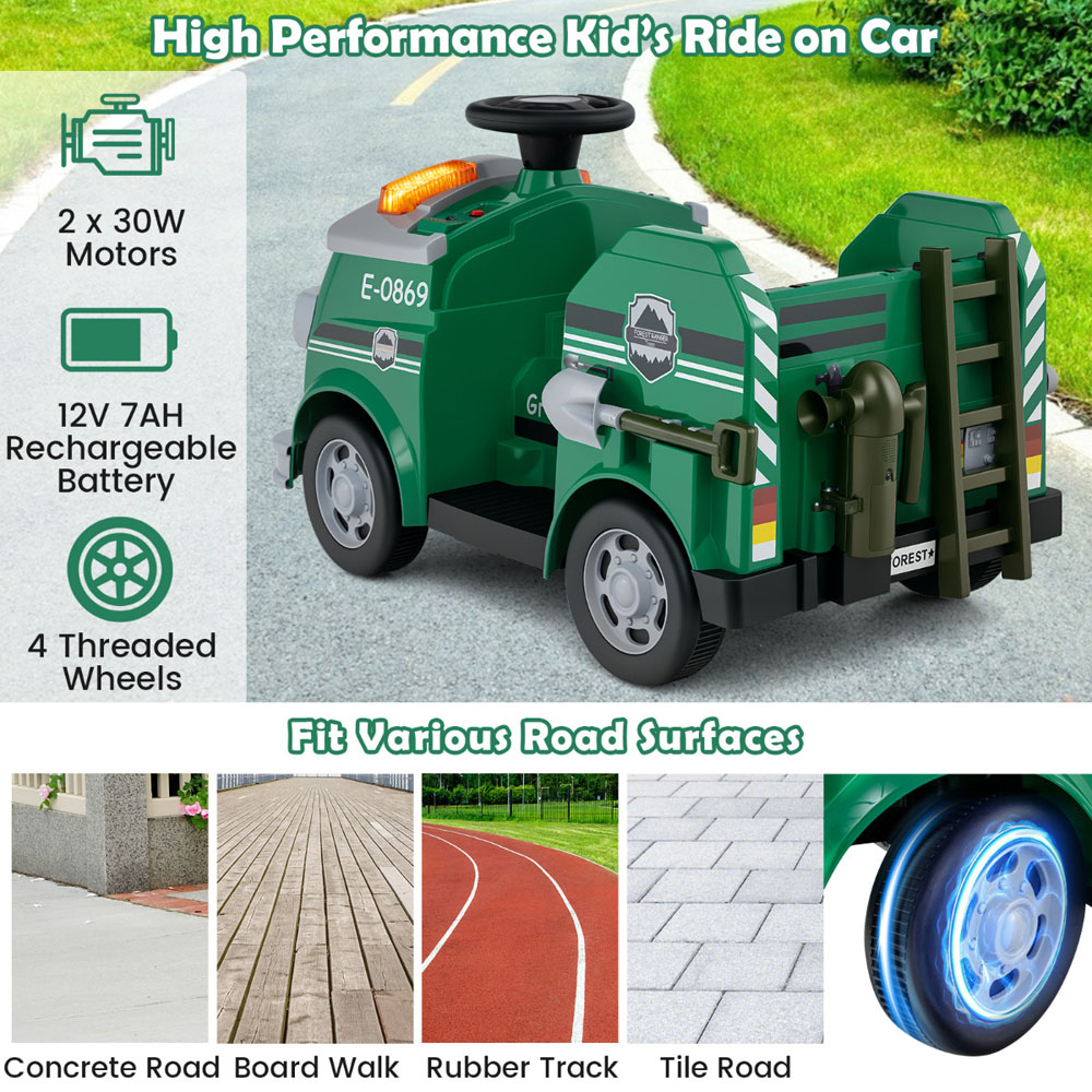 Costway Kids Green Ride On Fire Truck with Shovel and Wrench 12V Image 6