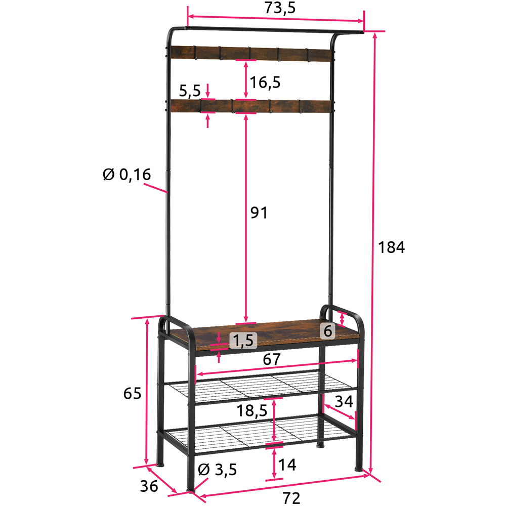 tectake Wichita 2 Shelf 9 Hook Dark Wood Coat and Shoe Rack Image 9