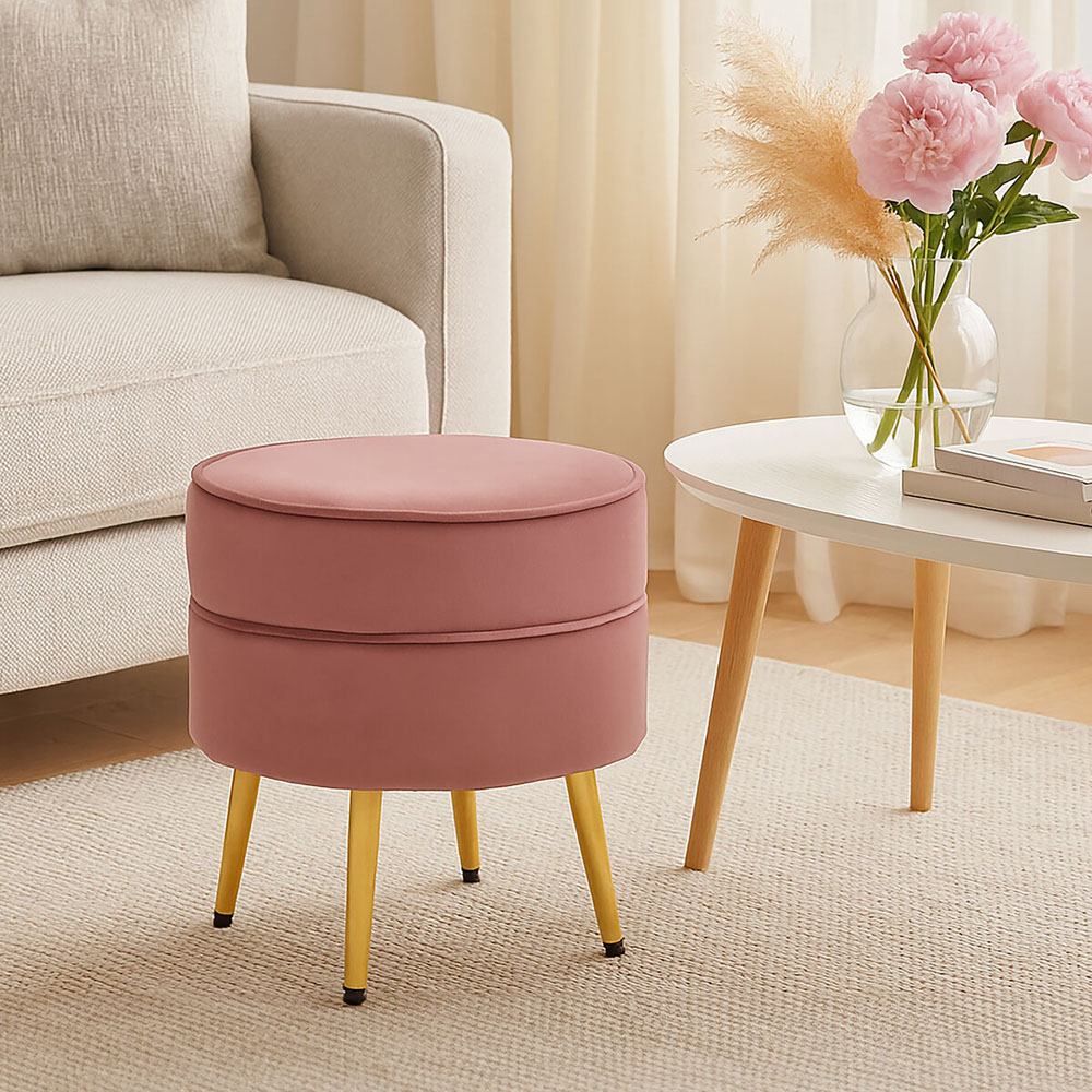 Premier Housewares Tamra Gold and Dusty Pink Velvet Round Footstool Image 5