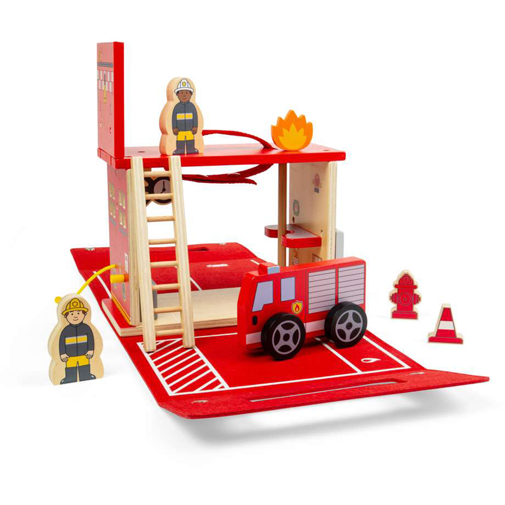 Bigjigs Toys Kids Fire Station On The Go Portable Playset 8 Piece Image 2