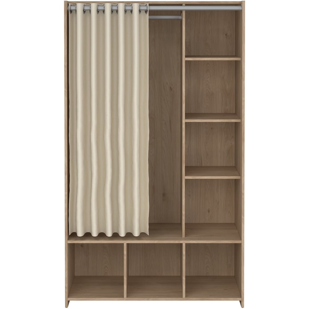 Florence Uppsala 7 Shelf Jackson Hickory Oak Open Wardrobe with Beige Textile Curtain Image 3
