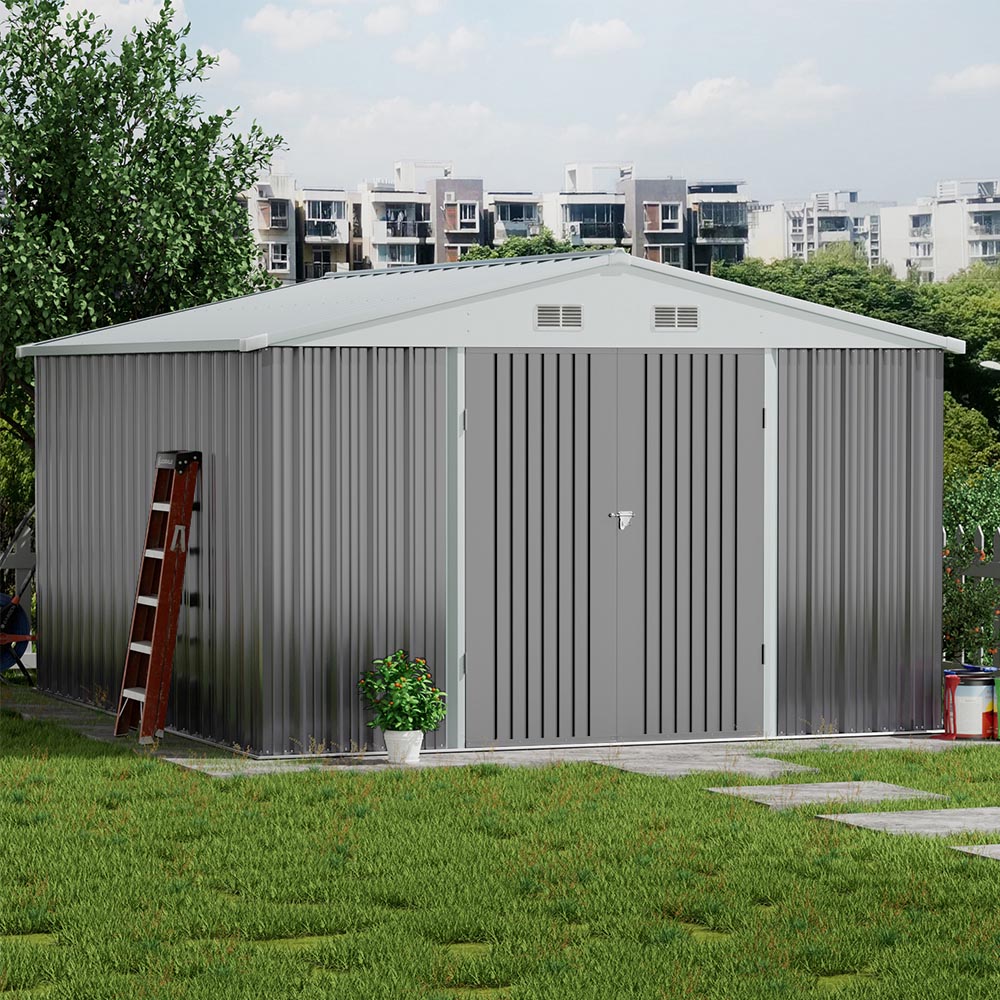 Living and Home 10 x 12ft Grey and White Metal Apex Garden Storage Shed Image 2