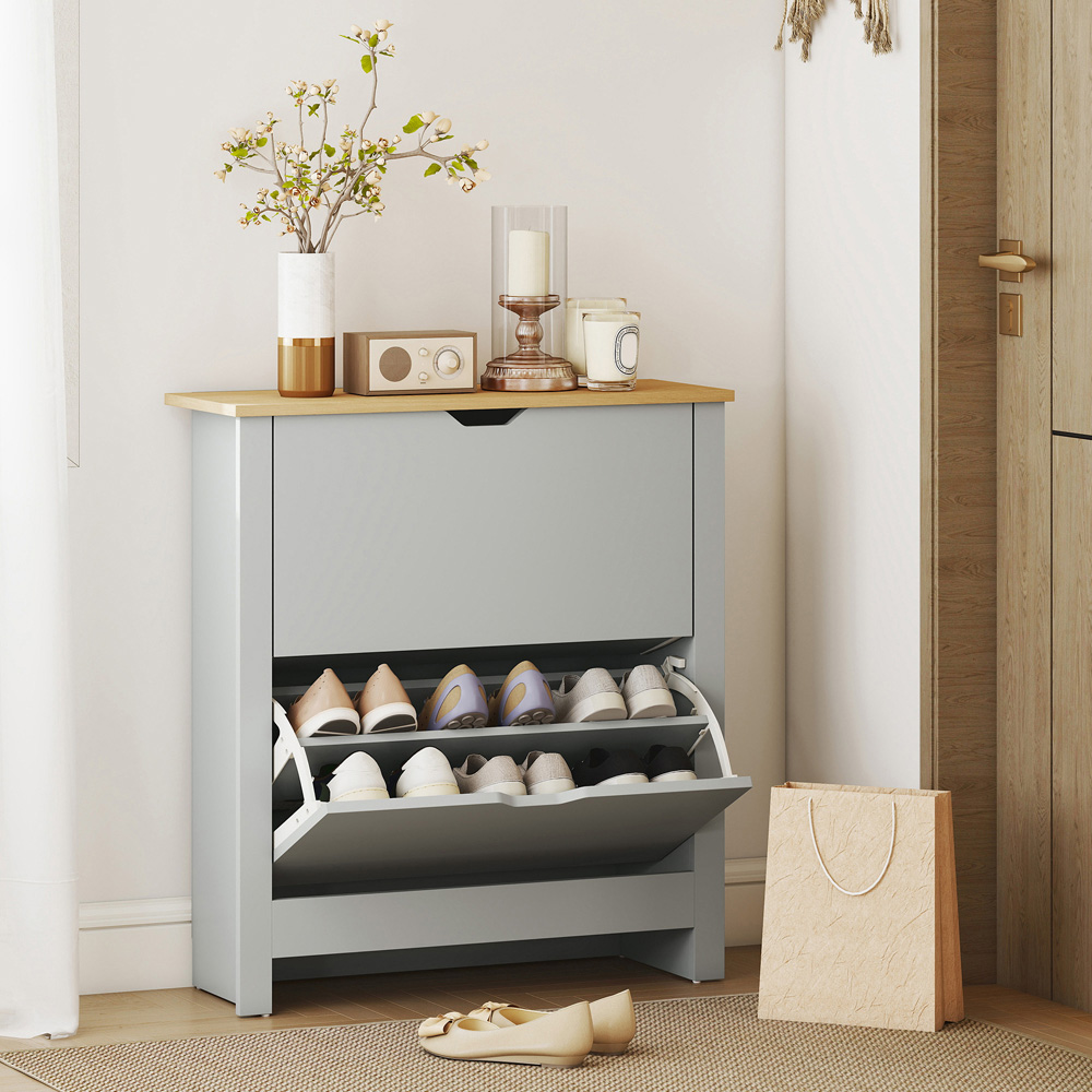 HOMCOM 2 Flip Drawer Light Grey Shoe Cabinet Image 4