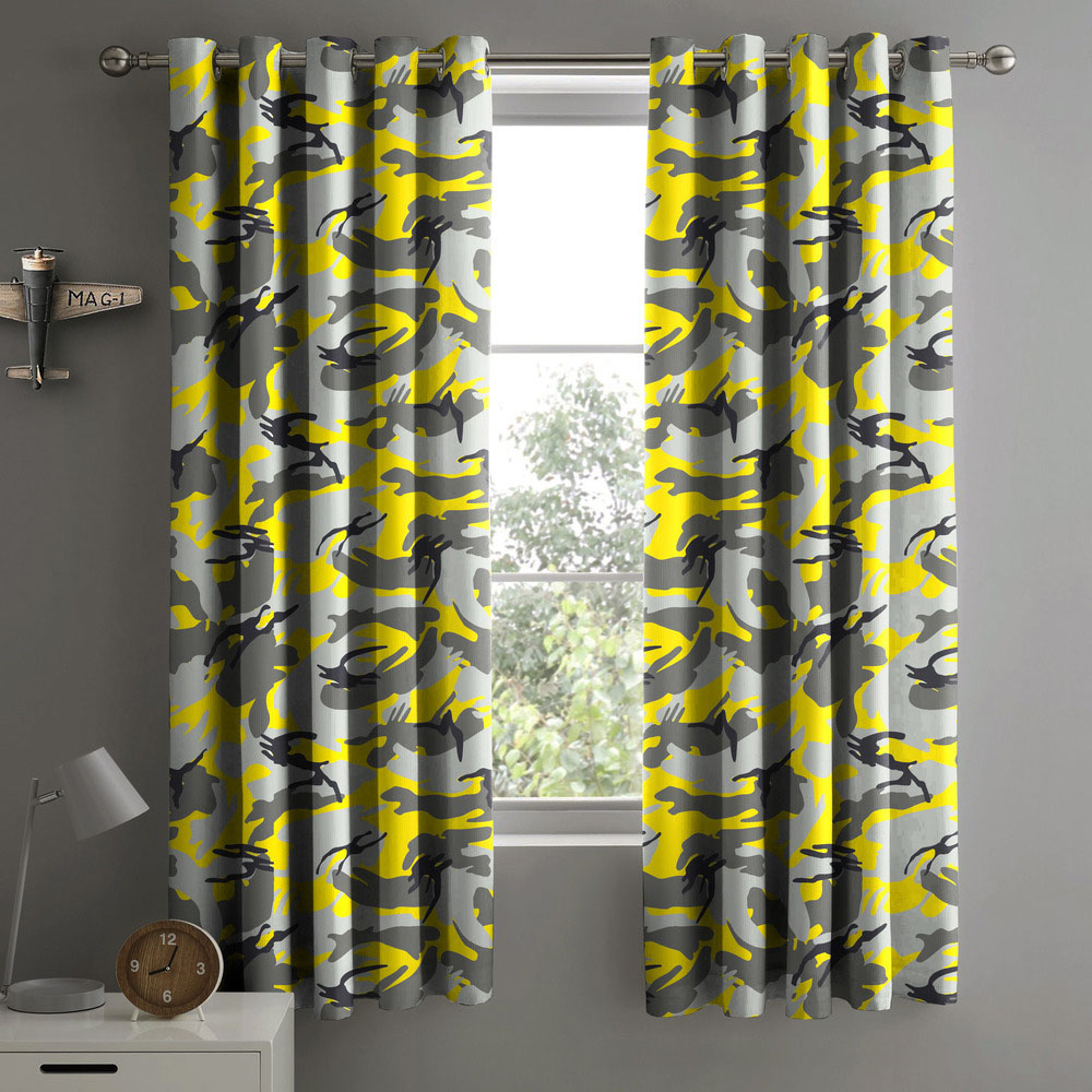 Velosso Yellow Camouflage Pencil Pleat Curtains 168 x 183cm Image 1