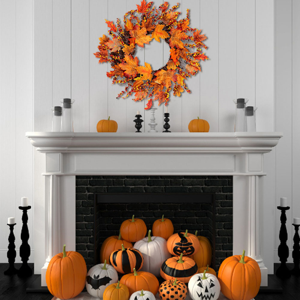 Living and Home Rattan LED Wreath with Maple Leaves Twigs and Berries 45cm Image 2