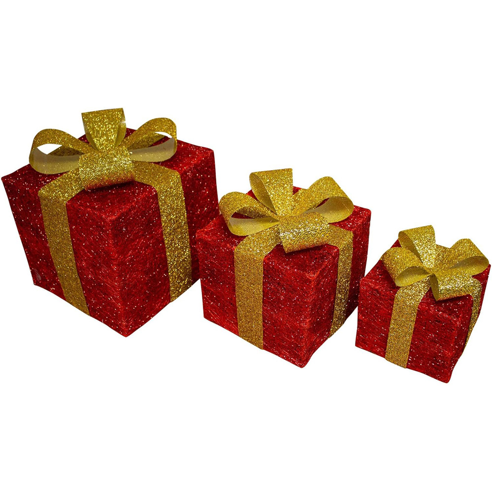 Shatchi Set of 3 Warm White LED Red Tartan Bow Rattan Parcels Image 2