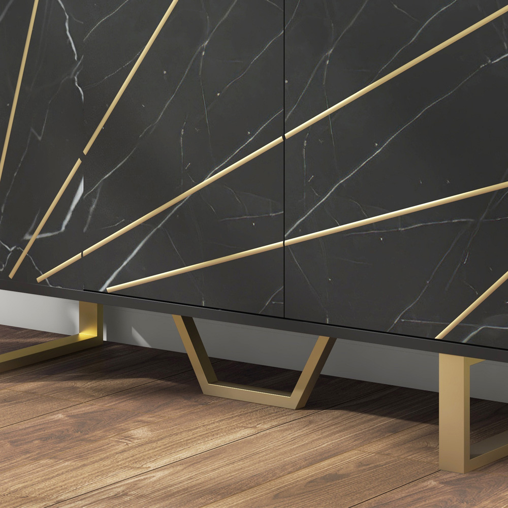 Portland 3 Door Black and Gold Tone Marble Texture Sideboard Image 3