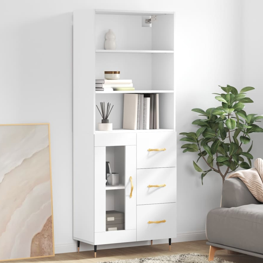 vidaXL Single Glass Door 3 Drawer 3 Shelf White Tall Highboard Image 1