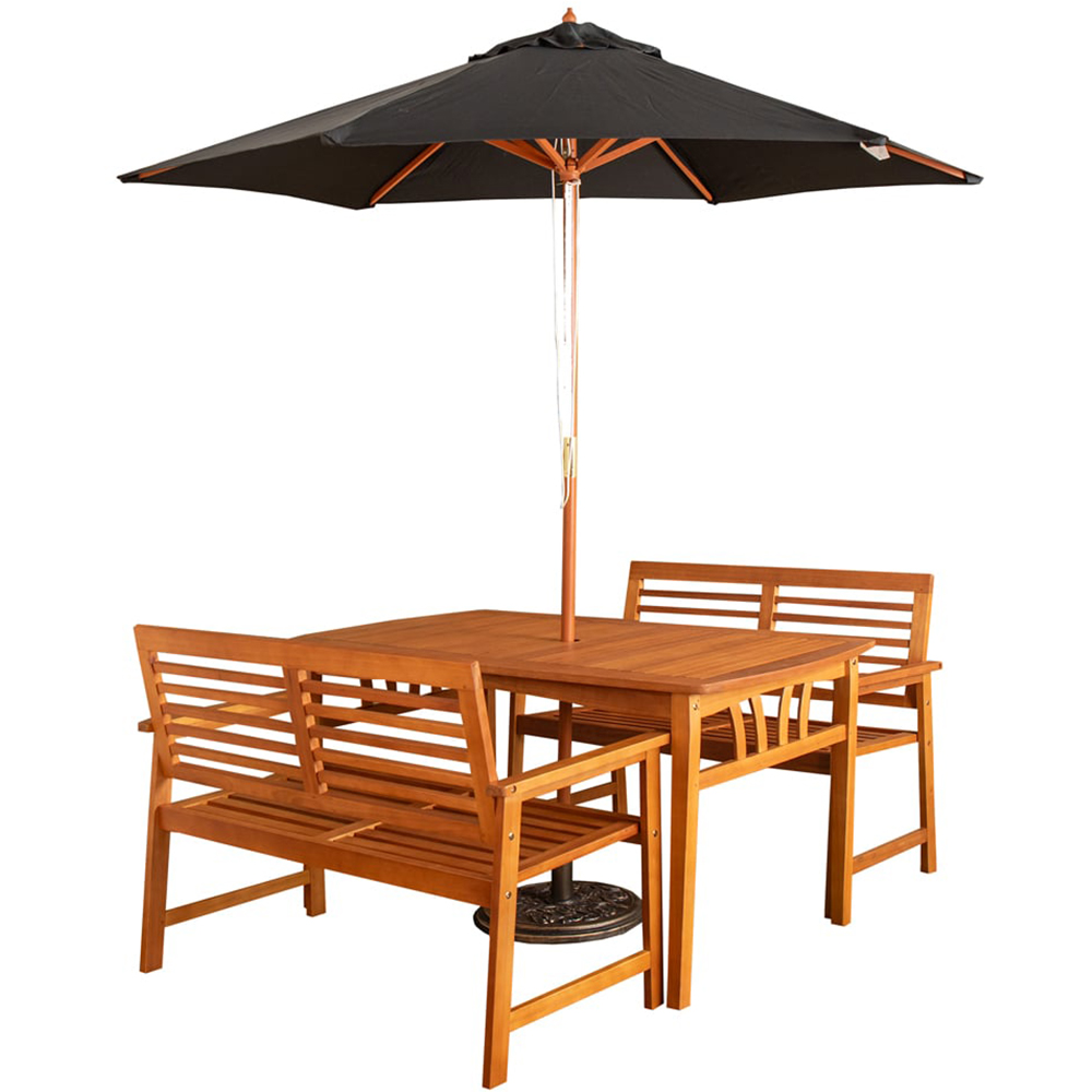 Samuel Alexander 4 Seater Wooden Garden Dining Bench Set with Black Parasol and Base Image 2