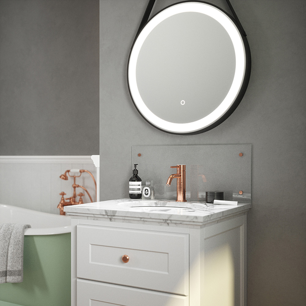 Clear Glass Bathroom Splashback with Brushed Copper Caps 500 x 250 x 4mm Image 2