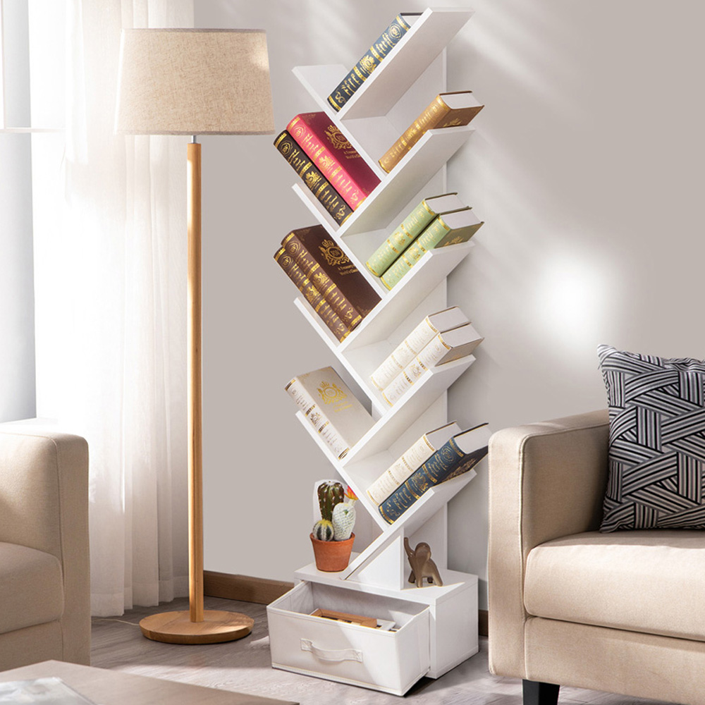 Costway Single Drawer 10 Shelf White Tree Bookshelf Image 1