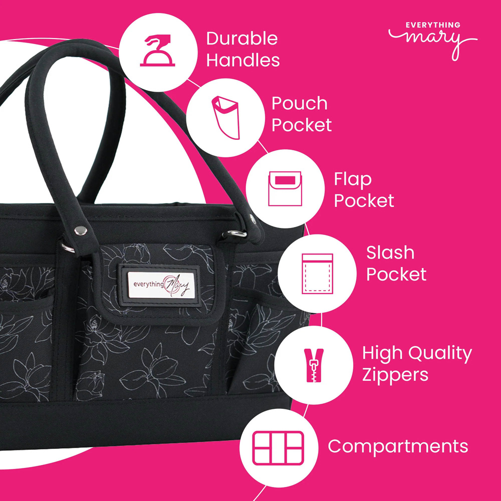 Everything Mary EVM12776-6 Black White Floral Deluxe Store Tote Craft Organiser 30.5 x 21.6 x 19cm Image 3