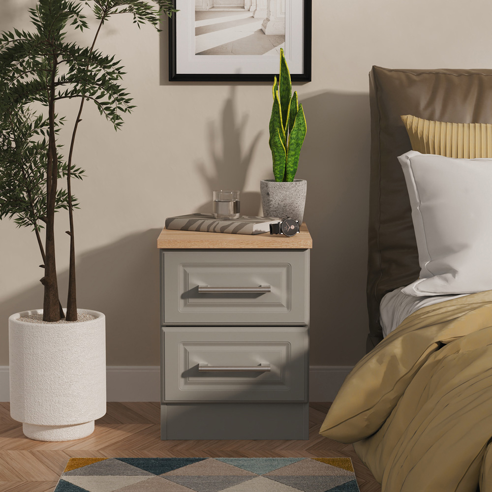 Crowndale Kent 2 Drawer Dusk Grey and Bardolino Oak Compact Bedside Cabinet Ready Assembled Image 7