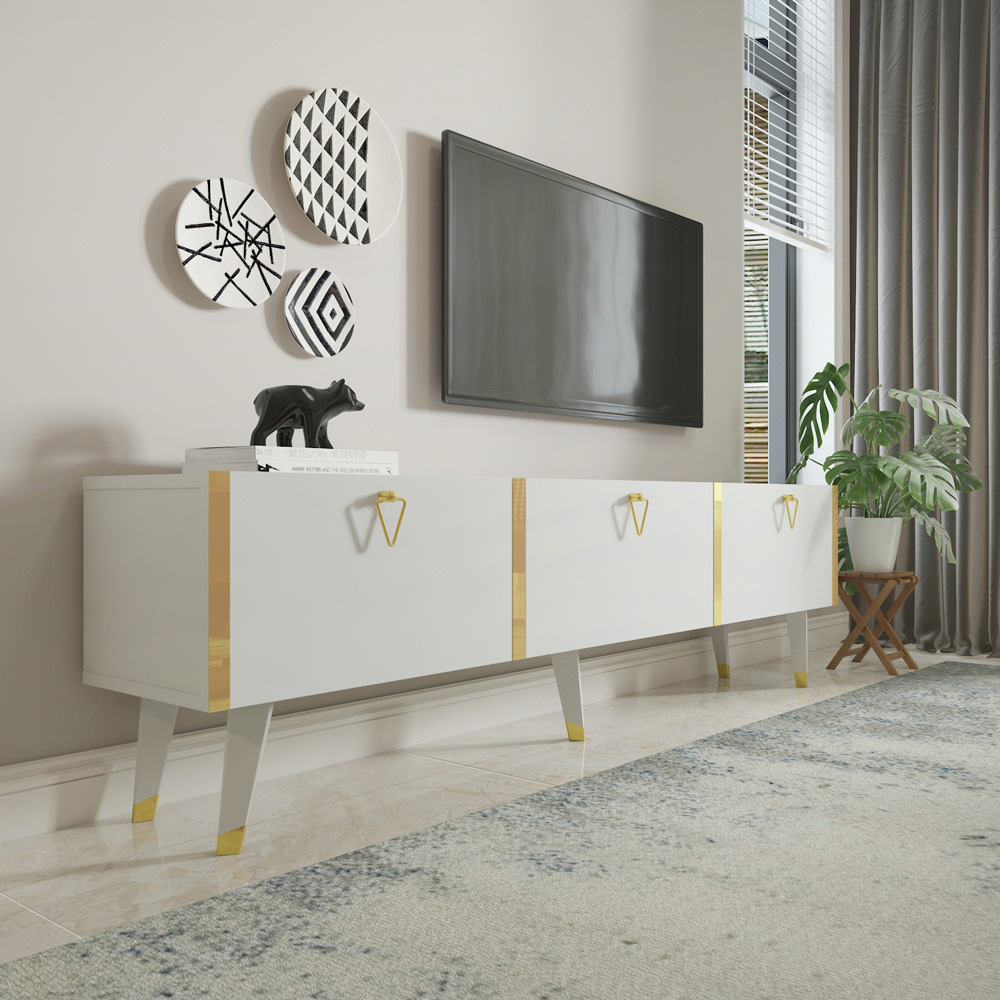 Decorotika Milagro 3 Cabinet White and Gold TV Unit Image 5