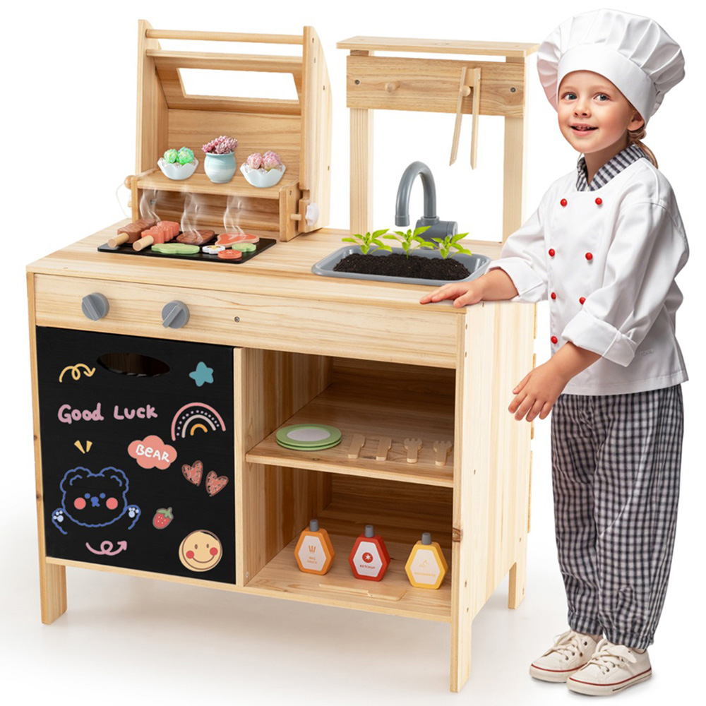 Costway Kids Natural Wooden Barbecue Grill Play Set with Chalkboard Image 3