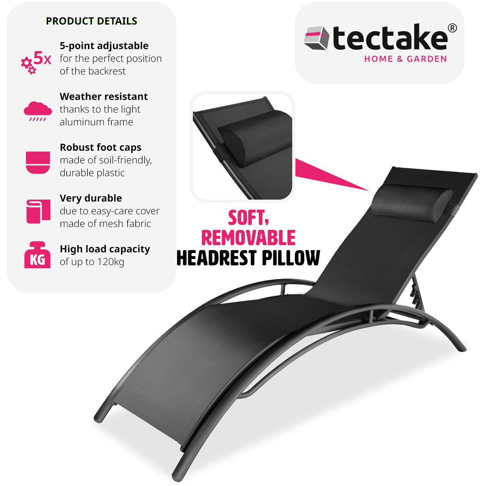 tectake Alina Set of 2 Black 5 Step Backrest Sun Lounger with Head Cushion Image 6
