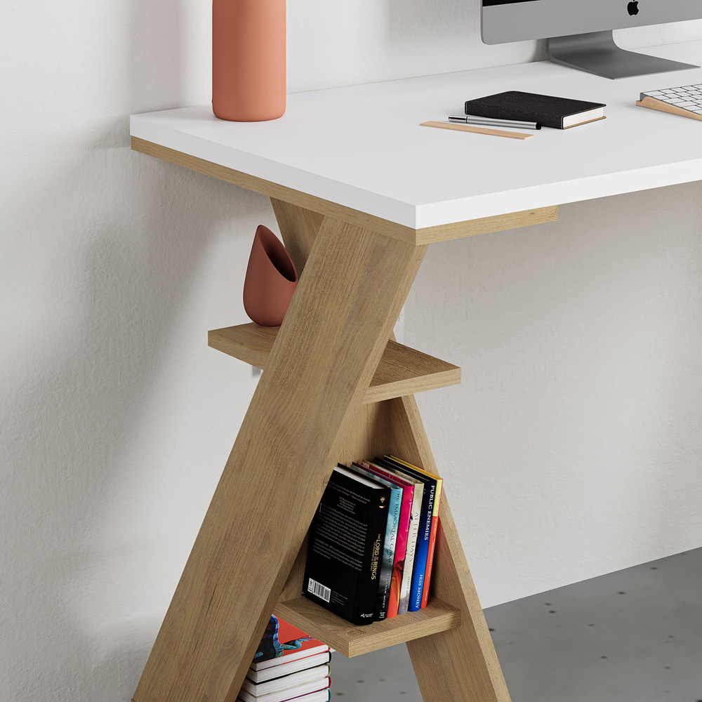 Decortie Papillon 6 Shelf White and Sapphire Oak Working Table Image 3