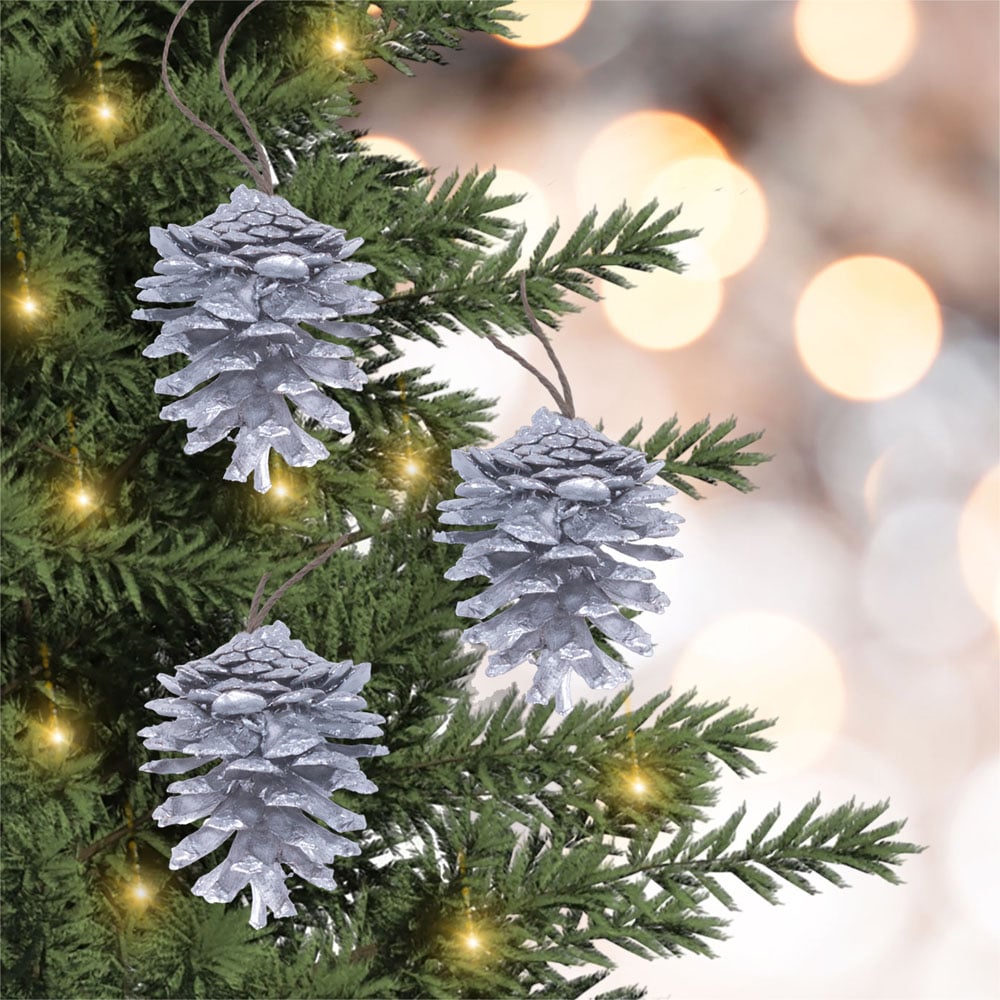 St Helens Silver Hanging Pinecones Ornaments 6 Pack Image 2