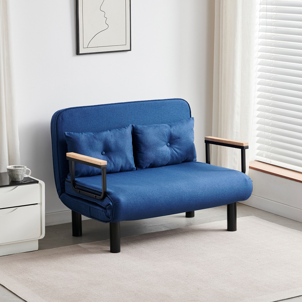 2 Seater Blue 4-in-1 Foldable Sofa Bed with Adjustable Backrest and Large Cushion Image 2