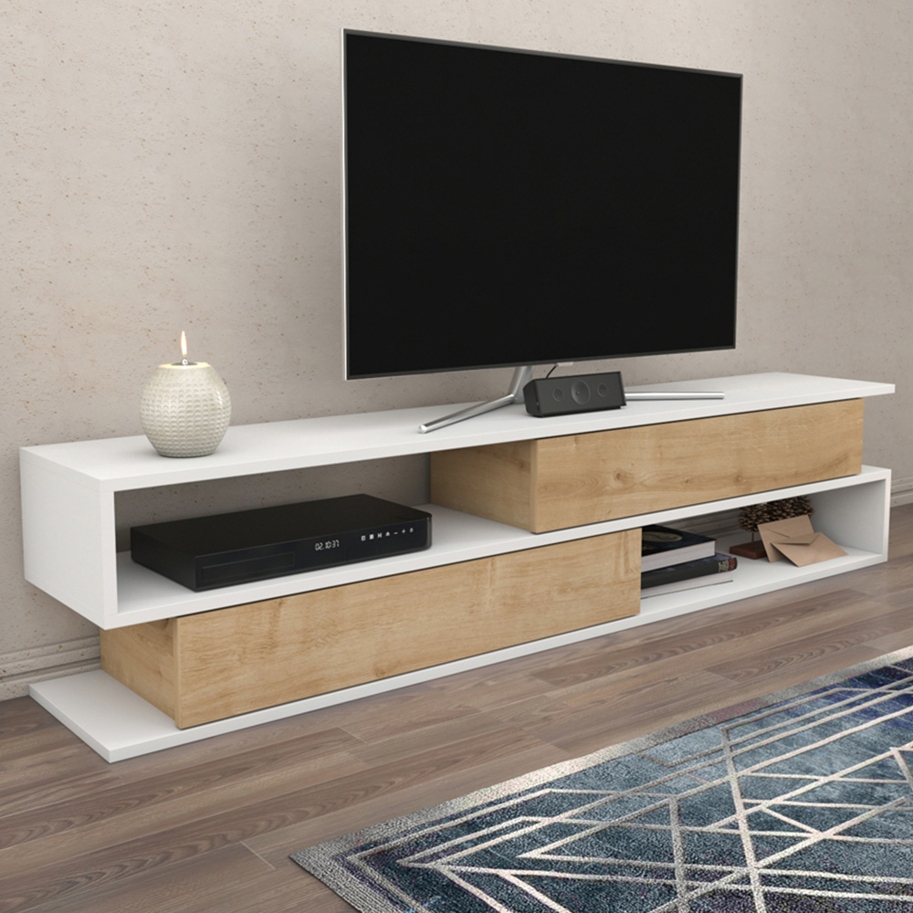 Decorotika Cortez 2 Shelf White and Sapphire Oak TV Unit Image 1