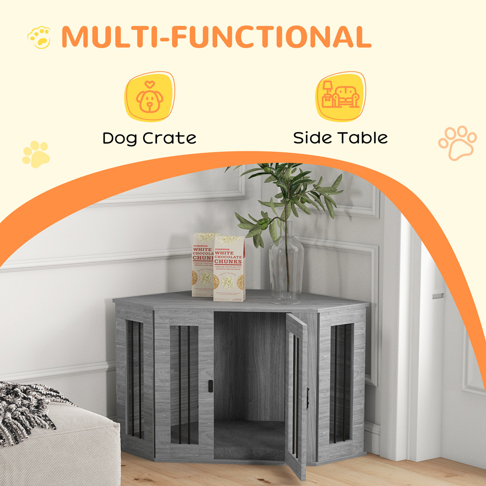 PawHut Grey Dog Crate End Table with Cushion 104cm Image 4