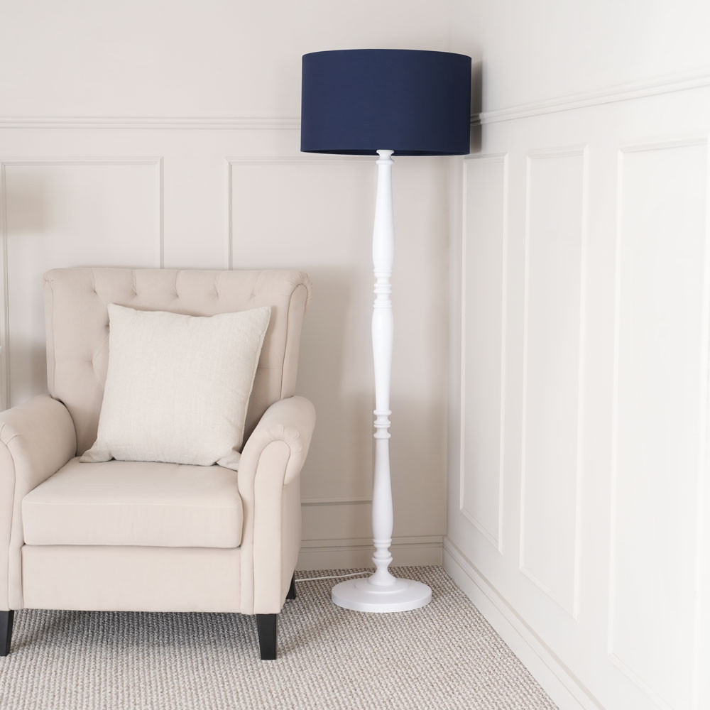 ValueLights Victoria Navy Blue Fabric Drum Shade White Wood Traditional Stem LED Floor Lamp Image 3