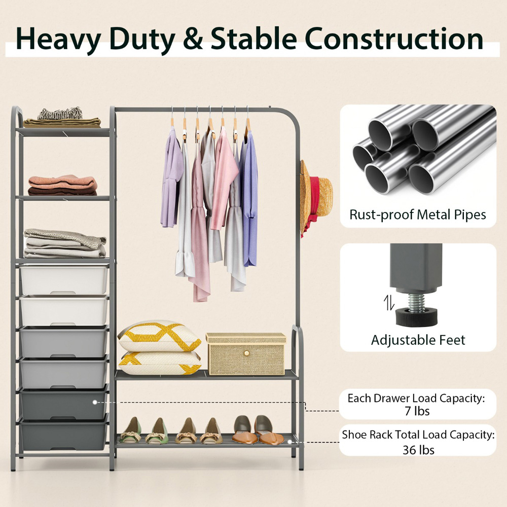 Costway 6 Drawer 3 Shelf Grey Clothes Rack Image 7