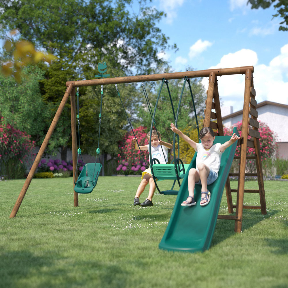 Soulet Colza Kids Wooden Triple Swing Set with Slide Image 2