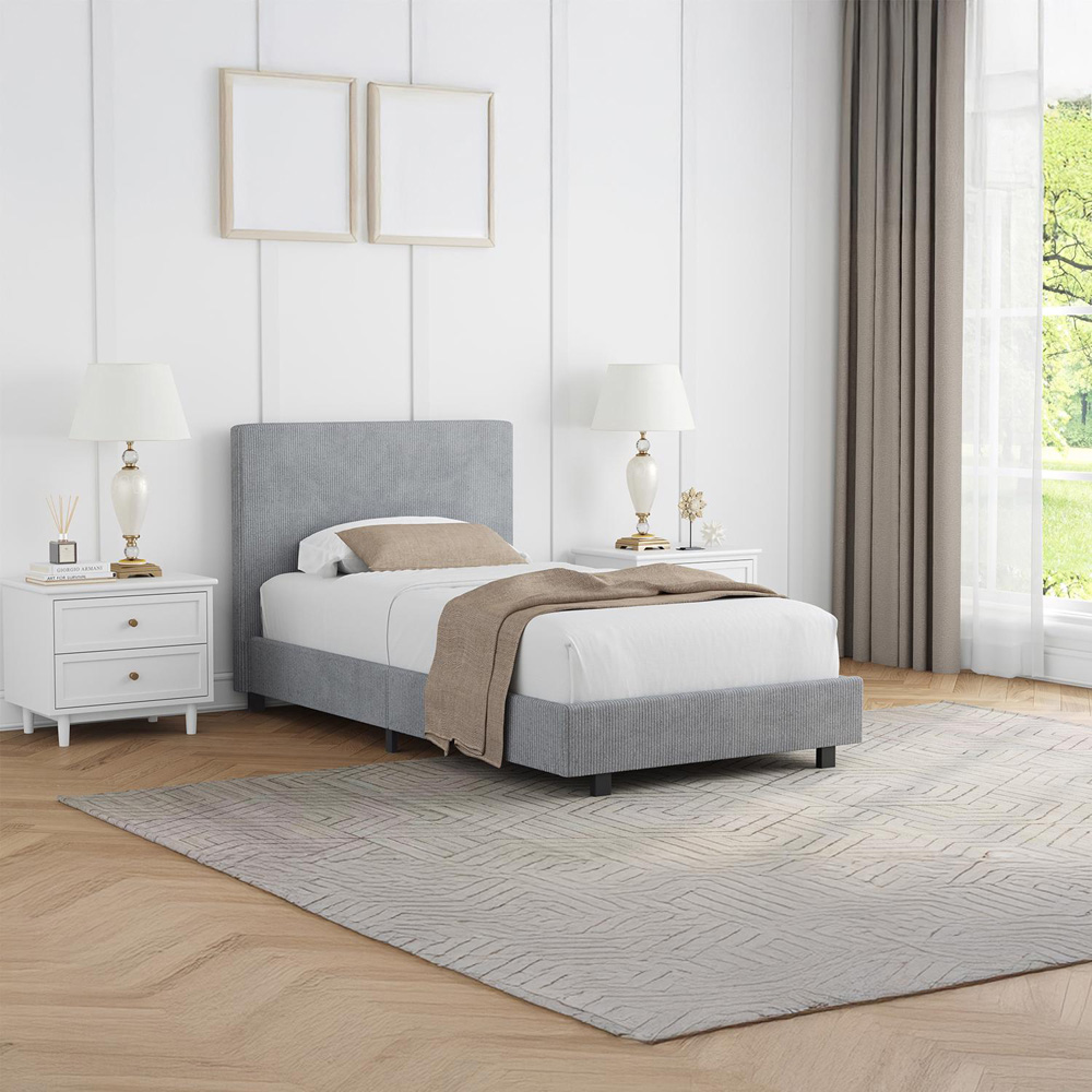 FWStyle Single Grey Upholstered Ribbed Linen Bed Frame Image 7
