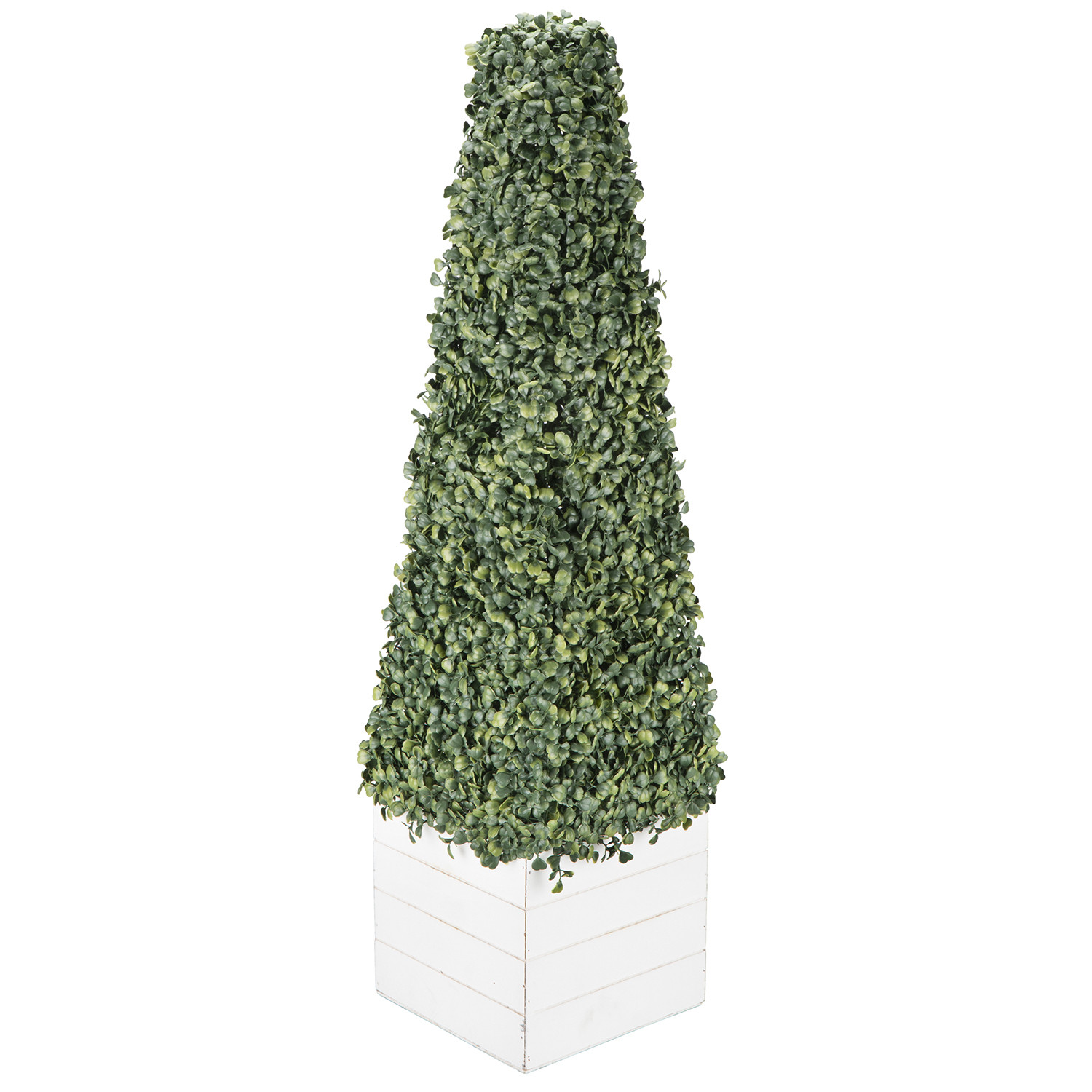 Boxwood Pyramid on White Wood Pot Artificial Plant Image
