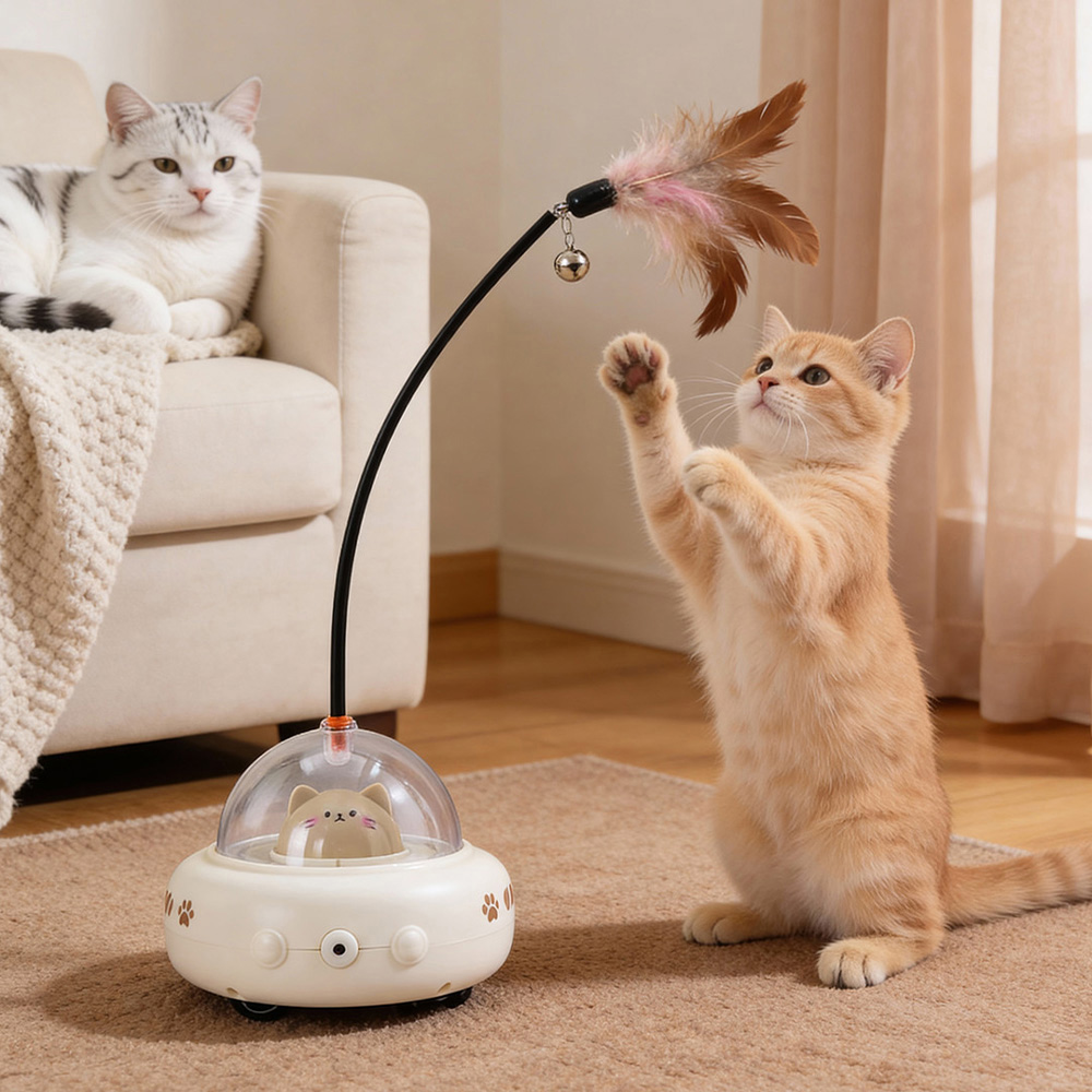 H&O Direct Automatic Interactive Cat Toy with Feathered Wand and Jingling Bell Image 2