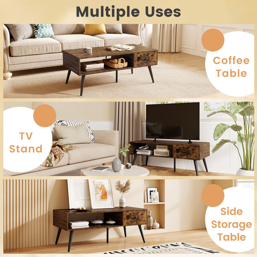 Costway Single Drawer Single Shelf Rustic Brown Rectangular Coffee Table Image 5
