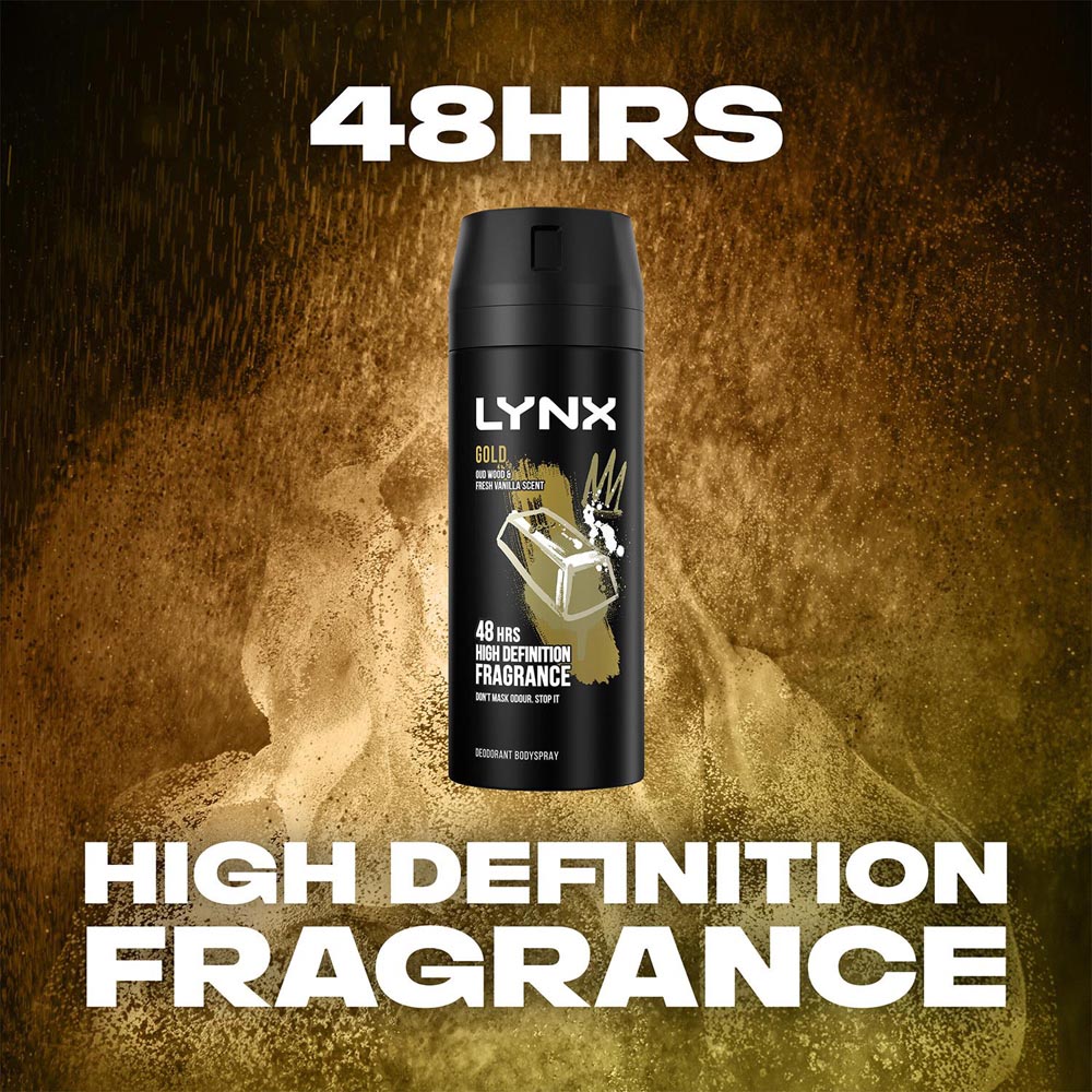 Lynx Gold Oud Wood and Fresh Vanilla 48H Protection Deodorant Body Spray 150ml 12 Pack Image 5