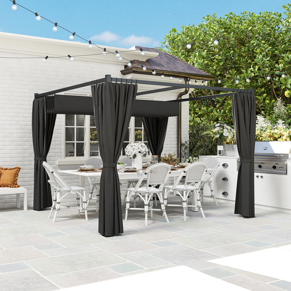 Outsunny 3 x 3m Charcoal Grey Pergola with Retractable Roof and Curtains Image 4