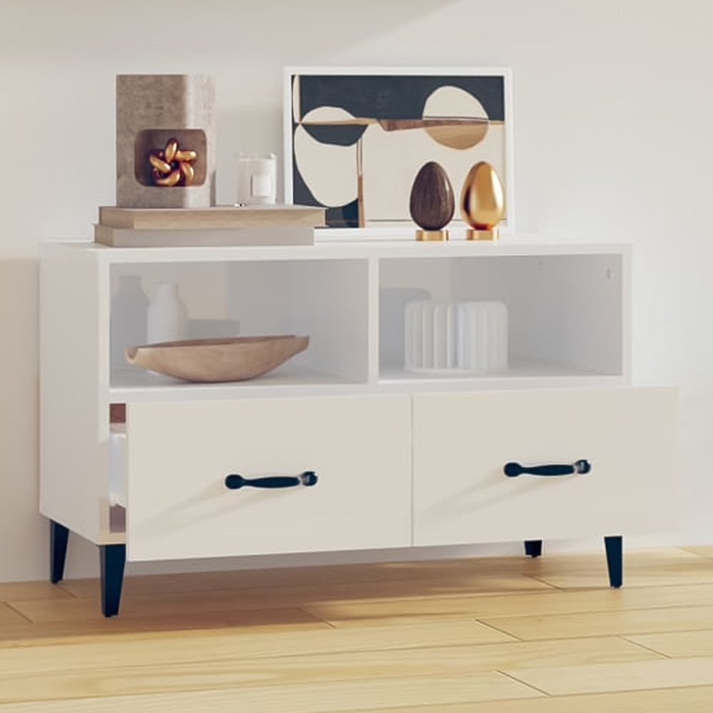 vidaXL 2 Drawer 2 Shelf High Gloss White TV Cabinet Image 1