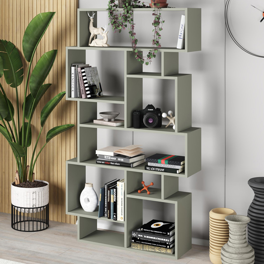 Decortie Karmato 10 Shelf Ash Green Asymmetric Tall Freestanding Bookcase Image 1