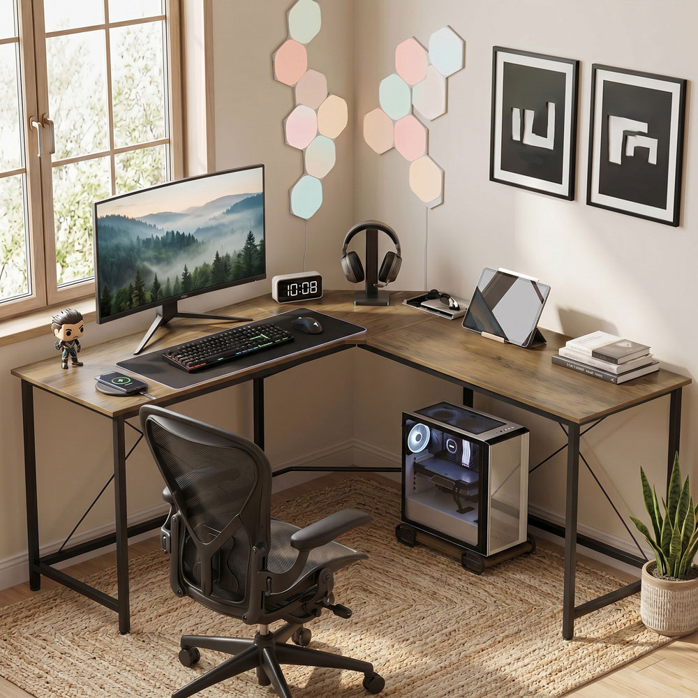 HOMCOM Industrial-Style L-Shaped Corner Computer Desk Wood-Effect Image 1