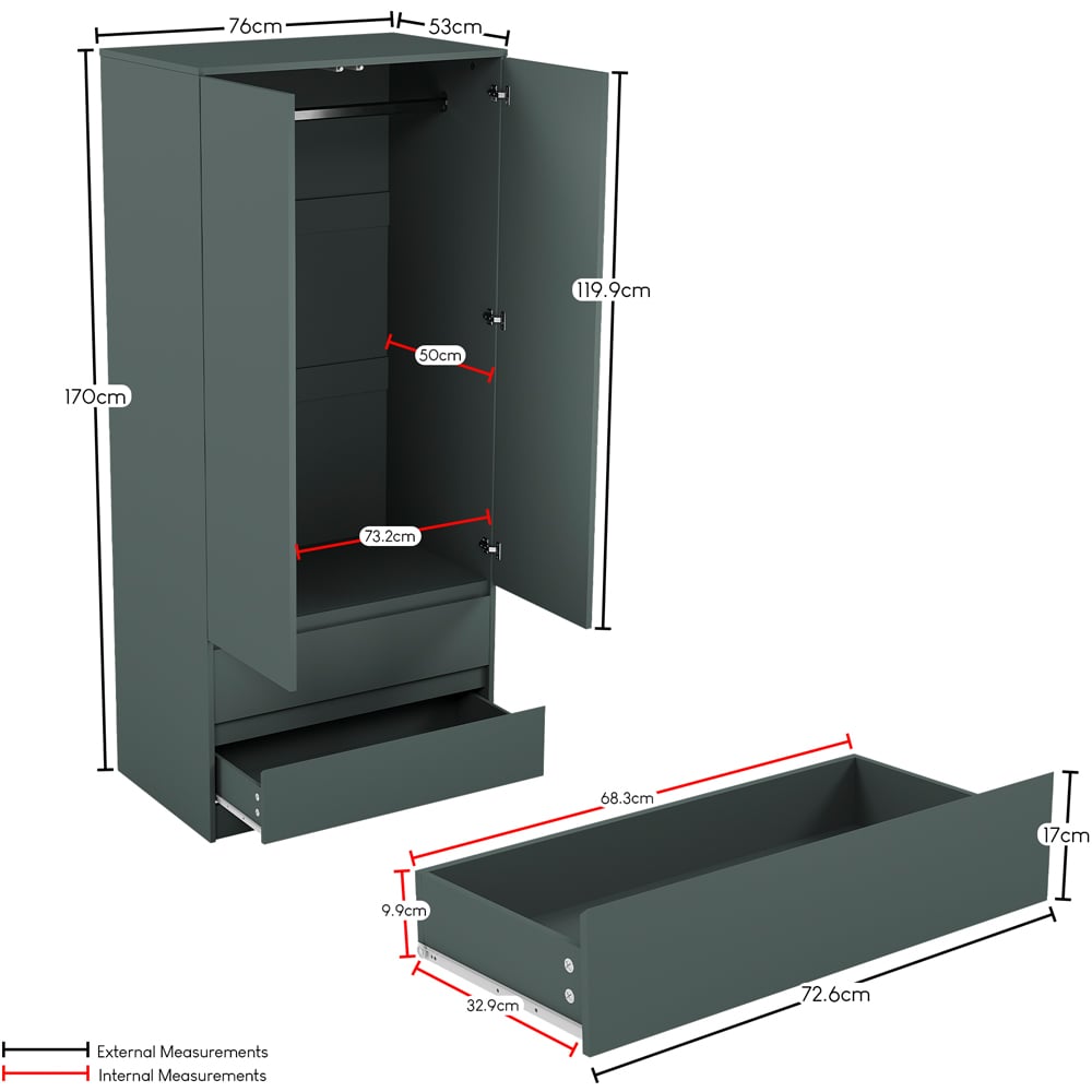 Vida Designs Denver Jasper Green 2 Door 2 Drawer Wardrobe Image 7