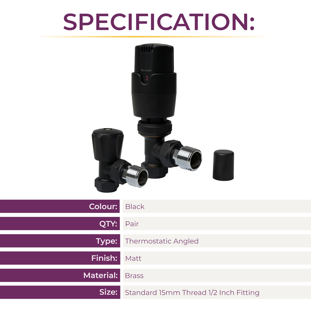 Go Bathrooms Black Angled Thermostatic Radiator Valves Set 15mm Image 5
