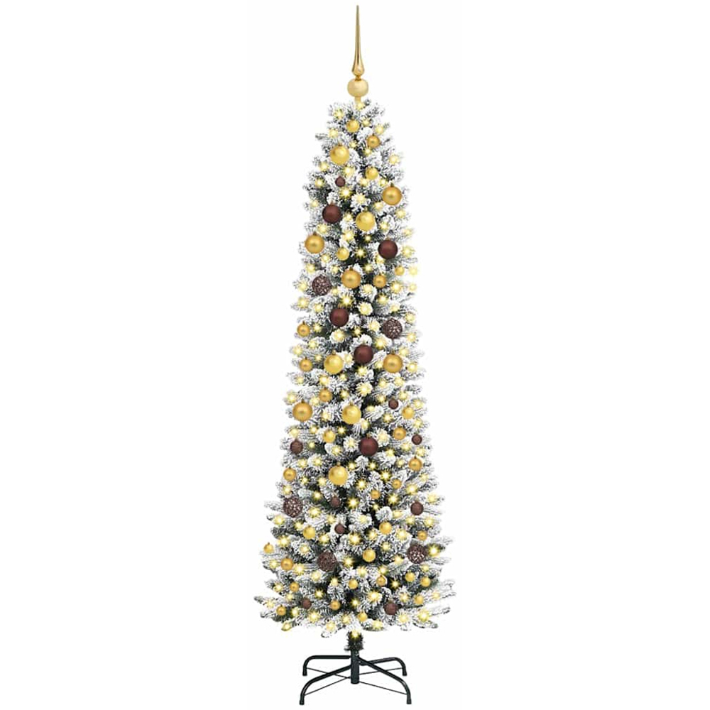 vidaXL Pre-Lit Gold Baubles Artificial Snow Flocked Christmas Tree 7ft Image 1