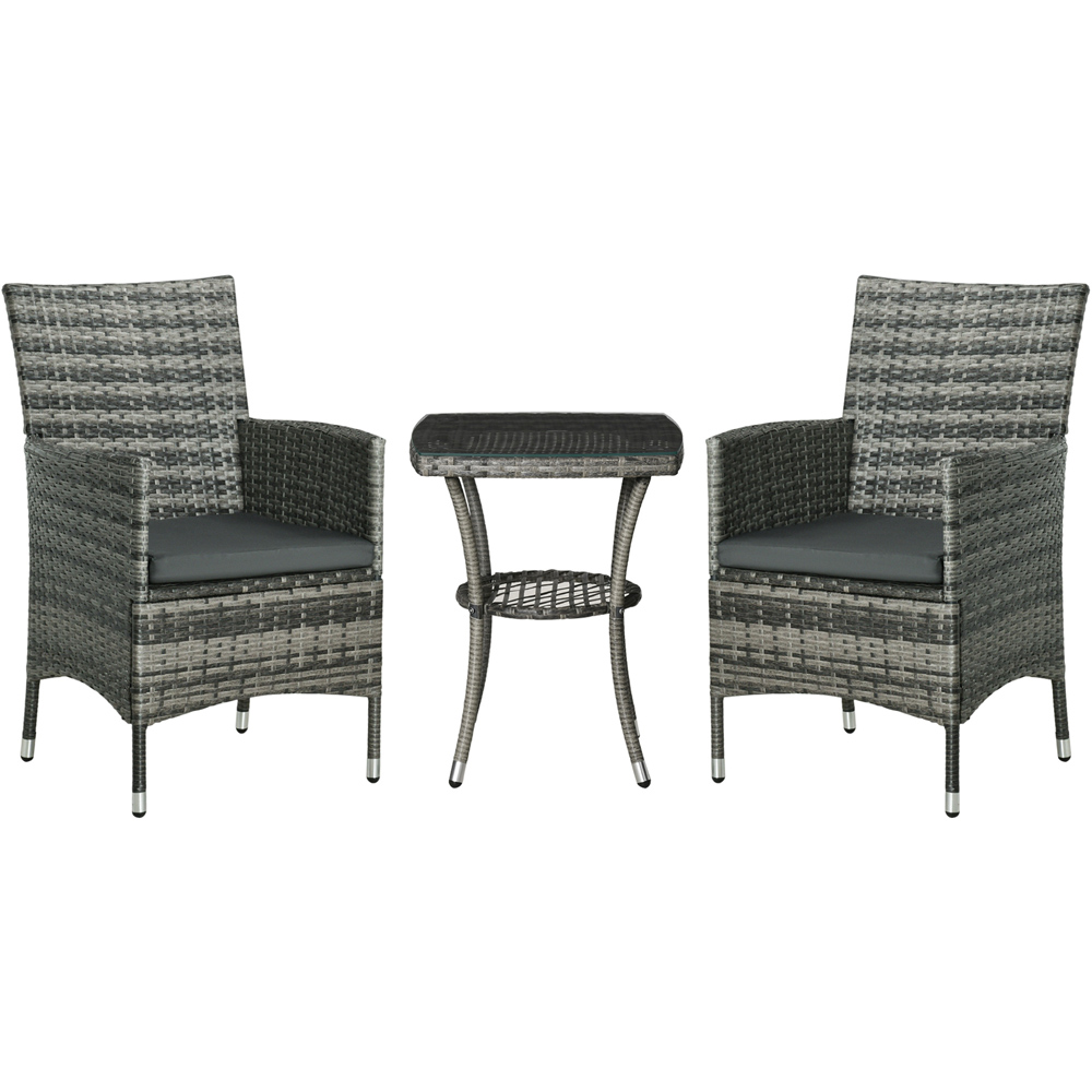 Outsunny 3 Piece Light Grey Rattan Bistro Set with Cushions Image 2