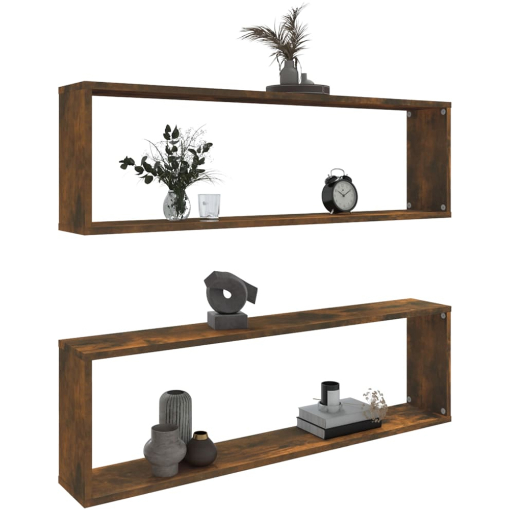vidaXL 100cm Set of 2 Smoked Oak Cube Floating Wall Shelf Image 7