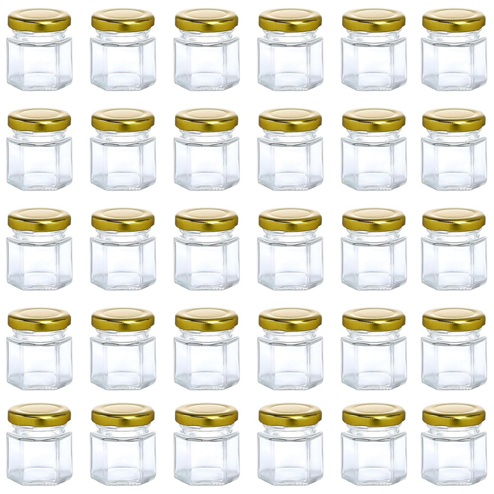 ATEK Clear Mini Hexagonal Glass Jar with Gold Lids 45ml 30 Pack Image 1