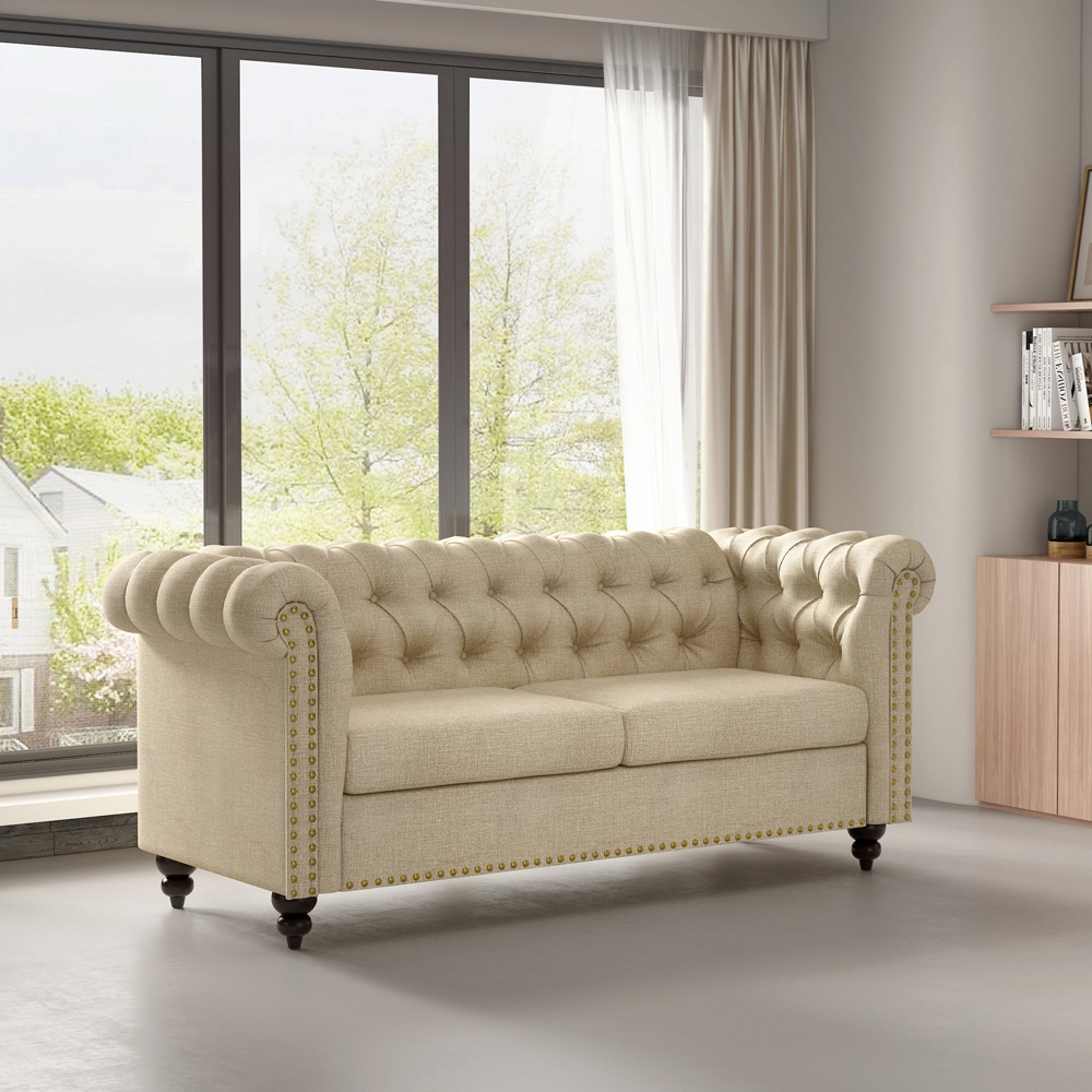 Victoria 2 Seater Beige Linen Button Tufted Chesterfield Sofa Image 5