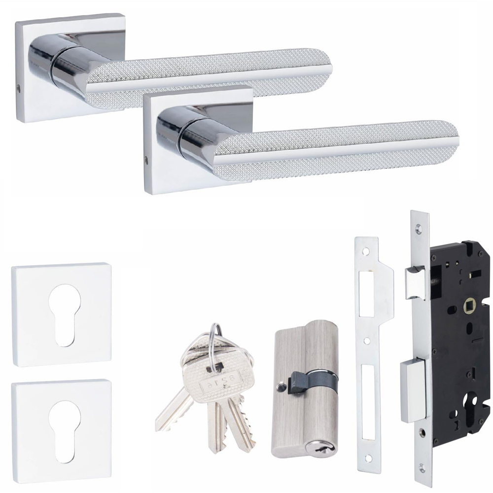 Golden Grace Polished Chrome Finish Modern Lima Euro Lock Door Handle Set Image 1