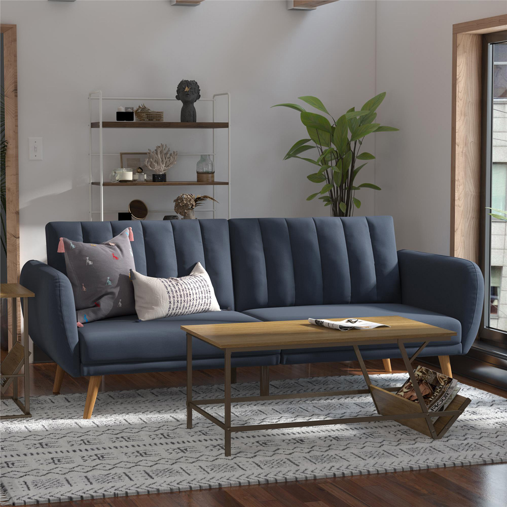 Novogratz Brittany 3 Seater Navy Blue Linen Sofa Bed with Wooden Legs Image 6